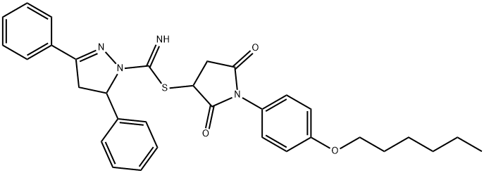 1-[4-(hexyloxy)phenyl]-2,5-dioxo-3-pyrrolidinyl 3,5-diphenyl-4,5-dihydro-1H-pyrazole-1-carbimidothioate Struktur