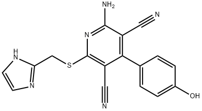 2-(((1H-Imidazol-2-yl)methyl)thio)-6-amino-4-(4-hydroxyphenyl)pyridine-3,5-dicarbonitrile Struktur