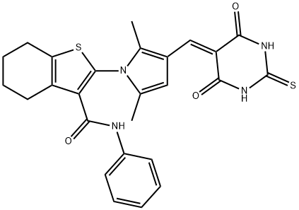 2-{3-[(4,6-dioxo-2-thioxotetrahydro-5(2H)-pyrimidinylidene)methyl]-2,5-dimethyl-1H-pyrrol-1-yl}-N-phenyl-4,5,6,7-tetrahydro-1-benzothiophene-3-carboxamide Struktur