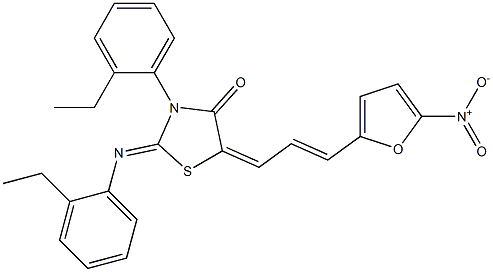 3-(2-ethylphenyl)-2-[(2-ethylphenyl)imino]-5-(3-{5-nitro-2-furyl}-2-propenylidene)-1,3-thiazolidin-4-one Struktur