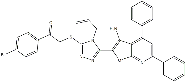 2-{[4-allyl-5-(3-amino-4,6-diphenylfuro[2,3-b]pyridin-2-yl)-4H-1,2,4-triazol-3-yl]sulfanyl}-1-(4-bromophenyl)ethanone Struktur