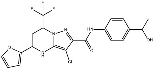 3-chloro-N-[4-(1-hydroxyethyl)phenyl]-5-(2-thienyl)-7-(trifluoromethyl)-4,5,6,7-tetrahydropyrazolo[1,5-a]pyrimidine-2-carboxamide Struktur