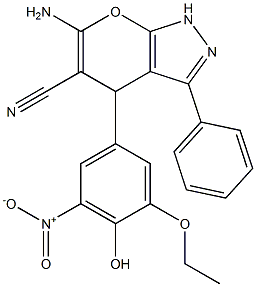 6-amino-4-{3-ethoxy-4-hydroxy-5-nitrophenyl}-3-phenyl-1,4-dihydropyrano[2,3-c]pyrazole-5-carbonitrile Struktur