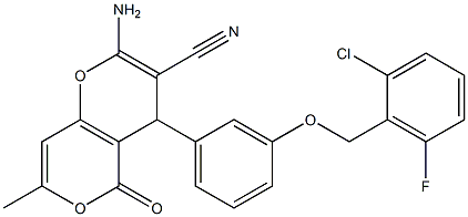 2-amino-4-{3-[(2-chloro-6-fluorobenzyl)oxy]phenyl}-7-methyl-5-oxo-4H,5H-pyrano[4,3-b]pyran-3-carbonitrile Struktur