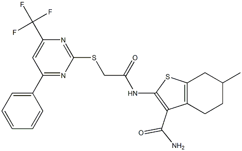 6-methyl-2-[({[4-phenyl-6-(trifluoromethyl)-2-pyrimidinyl]sulfanyl}acetyl)amino]-4,5,6,7-tetrahydro-1-benzothiophene-3-carboxamide Struktur