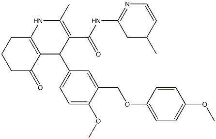 4-{4-methoxy-3-[(4-methoxyphenoxy)methyl]phenyl}-2-methyl-N-(4-methyl-2-pyridinyl)-5-oxo-1,4,5,6,7,8-hexahydro-3-quinolinecarboxamide Struktur