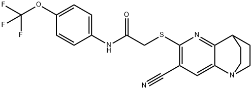 2-[(4-cyano-1,6-diazatricyclo[6.2.2.0~2,7~]dodeca-2,4,6-trien-5-yl)sulfanyl]-N-[4-(trifluoromethoxy)phenyl]acetamide Struktur