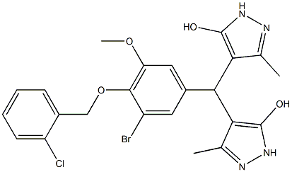 4-[{3-bromo-4-[(2-chlorobenzyl)oxy]-5-methoxyphenyl}(5-hydroxy-3-methyl-1H-pyrazol-4-yl)methyl]-3-methyl-1H-pyrazol-5-ol Struktur