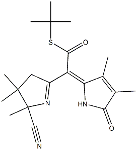 S-(tert-Butyl) (2E)-(2-cyano-2,3,3-trimethyl-3,4-dihydro-2H-pyrrol-5-y l)(3,4-dimethyl-5-oxo-1,5-dihydro-2H-pyrrol-2-ylidene)ethanethioate Struktur