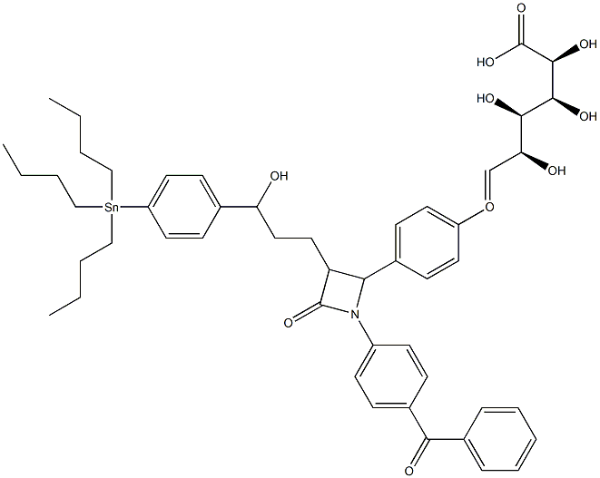 1-O-(4-(1-(4-benzoylphenyl)-3-(3-hydroxy-3-(4-tributylstannylphenyl)propyl)-2-oxo-4-azetidinyl)phenyl)glucuronic acid Struktur