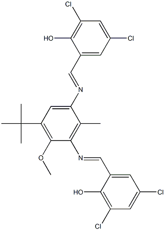 2-[({3-(tert-butyl)-5-[(3,5-dichloro-2-hydroxybenzylidene)amino]-2-methoxy-6-methylphenyl}imino)methyl]-4,6-dichlorophenol Struktur