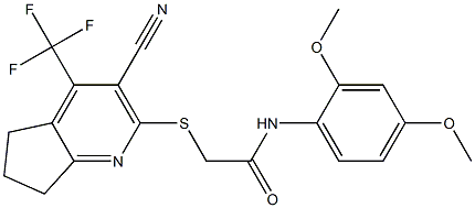 2-{[3-cyano-4-(trifluoromethyl)-6,7-dihydro-5H-cyclopenta[b]pyridin-2-yl]sulfanyl}-N-(2,4-dimethoxyphenyl)acetamide Struktur