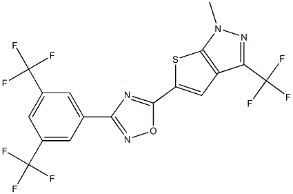 3-[3,5-di(trifluoromethyl)phenyl]-5-[1-methyl-3-(trifluoromethyl)-1H-thieno[2,3-c]pyrazol-5-yl]-1,2,4-oxadiazole Struktur