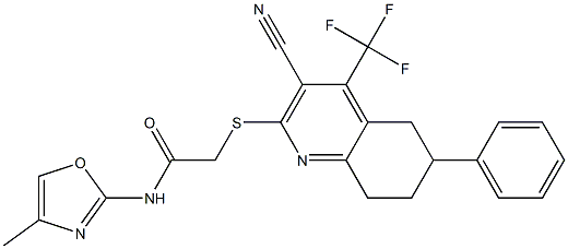 2-{[3-cyano-6-phenyl-4-(trifluoromethyl)-5,6,7,8-tetrahydro-2-quinolinyl]sulfanyl}-N-(4-methyl-1,3-oxazol-2-yl)acetamide Struktur