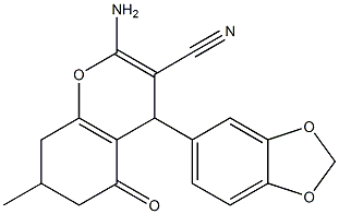 2-amino-4-(1,3-benzodioxol-5-yl)-7-methyl-5-oxo-5,6,7,8-tetrahydro-4H-chromene-3-carbonitrile Struktur