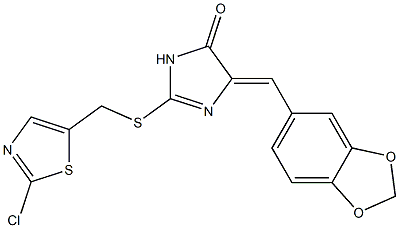 5-[(E)-1,3-benzodioxol-5-ylmethylidene]-2-{[(2-chloro-1,3-thiazol-5-yl)methyl]sulfanyl}-3,5-dihydro-4H-imidazol-4-one Struktur