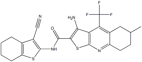 3-amino-N-(3-cyano-4,5,6,7-tetrahydro-1-benzothiophen-2-yl)-6-methyl-4-(trifluoromethyl)-5,6,7,8-tetrahydrothieno[2,3-b]quinoline-2-carboxamide Struktur