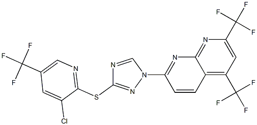 7-(3-{[3-chloro-5-(trifluoromethyl)-2-pyridinyl]sulfanyl}-1H-1,2,4-triazol-1-yl)-2,4-bis(trifluoromethyl)[1,8]naphthyridine Struktur