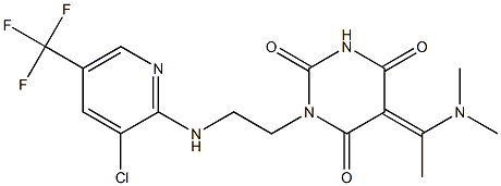 1-(2-{[3-chloro-5-(trifluoromethyl)-2-pyridinyl]amino}ethyl)-5-[1-(dimethylamino)ethylidene]-2,4,6(1H,3H,5H)-pyrimidinetrione Struktur