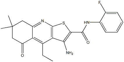 3-amino-4-ethyl-N-(2-fluorophenyl)-7,7-dimethyl-5-oxo-5,6,7,8-tetrahydrothieno[2,3-b]quinoline-2-carboxamide Struktur