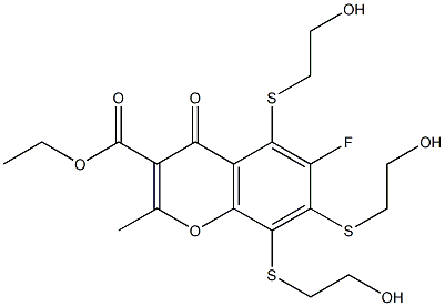 ethyl 6-fluoro-5,7,8-tris[(2-hydroxyethyl)sulfanyl]-2-methyl-4-oxo-4H-chromene-3-carboxylate Struktur