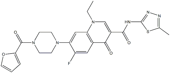 1-ethyl-6-fluoro-7-[4-(2-furoyl)-1-piperazinyl]-N-(5-methyl-1,3,4-thiadiazol-2-yl)-4-oxo-1,4-dihydro-3-quinolinecarboxamide Struktur