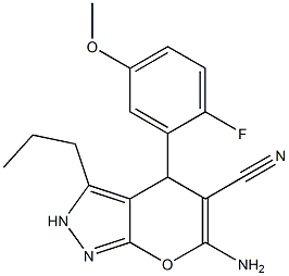 6-amino-4-[2-fluoro-5-(methyloxy)phenyl]-3-propyl-2,4-dihydropyrano[2,3-c]pyrazole-5-carbonitrile Struktur