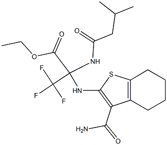 ethyl 2-{[3-(aminocarbonyl)-4,5,6,7-tetrahydro-1-benzothien-2-yl]amino}-3,3,3-trifluoro-2-[(3-methylbutanoyl)amino]propanoate Struktur