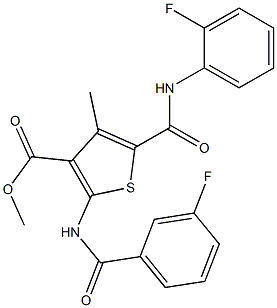 methyl 5-{[(2-fluorophenyl)amino]carbonyl}-2-{[(3-fluorophenyl)carbonyl]amino}-4-methylthiophene-3-carboxylate Struktur