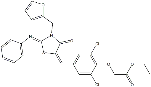 ethyl (2,6-dichloro-4-{[3-(2-furylmethyl)-4-oxo-2-(phenylimino)-1,3-thiazolidin-5-ylidene]methyl}phenoxy)acetate Struktur