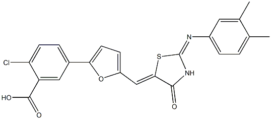 2-chloro-5-[5-({2-[(3,4-dimethylphenyl)imino]-4-oxo-1,3-thiazolidin-5-ylidene}methyl)-2-furyl]benzoic acid Struktur