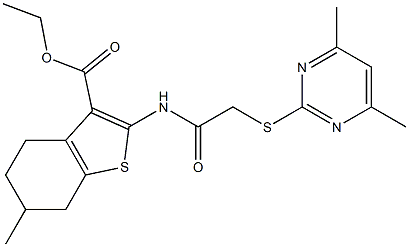 ethyl 2-({[(4,6-dimethyl-2-pyrimidinyl)sulfanyl]acetyl}amino)-6-methyl-4,5,6,7-tetrahydro-1-benzothiophene-3-carboxylate Struktur