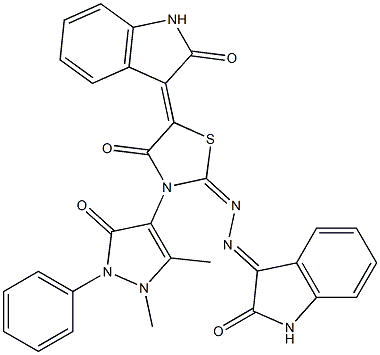 1H-indole-2,3-dione 3-{[3-(1,5-dimethyl-3-oxo-2-phenyl-2,3-dihydro-1H-pyrazol-4-yl)-4-oxo-5-(2-oxo-1,2-dihydro-3H-indol-3-ylidene)-1,3-thiazolidin-2-ylidene]hydrazone} Struktur