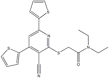 2-{[3-cyano-4,6-di(2-thienyl)-2-pyridinyl]sulfanyl}-N,N-diethylacetamide Struktur