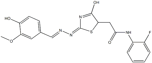 N-(2-fluorophenyl)-2-{4-hydroxy-2-[(4-hydroxy-3-methoxybenzylidene)hydrazono]-2,5-dihydro-1,3-thiazol-5-yl}acetamide Struktur