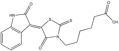 6-[4-oxo-5-(2-oxo-1,2-dihydro-3H-indol-3-ylidene)-2-thioxo-1,3-thiazolidin-3-yl]hexanoic acid Struktur