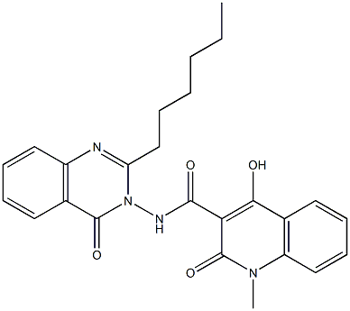 N-(2-hexyl-4-oxoquinazolin-3(4H)-yl)-4-hydroxy-1-methyl-2-oxo-1,2-dihydroquinoline-3-carboxamide Struktur