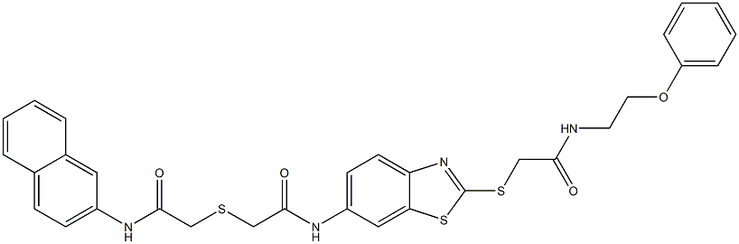 2-{[2-(2-naphthylamino)-2-oxoethyl]sulfanyl}-N-[2-({2-oxo-2-[(2-phenoxyethyl)amino]ethyl}sulfanyl)-1,3-benzothiazol-6-yl]acetamide Struktur