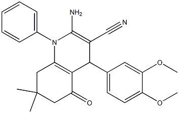 2-amino-4-(3,4-dimethoxyphenyl)-7,7-dimethyl-5-oxo-1-phenyl-1,4,5,6,7,8-hexahydroquinoline-3-carbonitrile Struktur