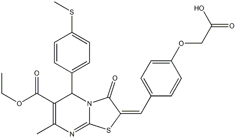 {4-[(6-(ethoxycarbonyl)-7-methyl-5-[4-(methylsulfanyl)phenyl]-3-oxo-5H-[1,3]thiazolo[3,2-a]pyrimidin-2(3H)-ylidene)methyl]phenoxy}acetic acid Struktur