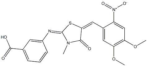 3-[(5-{2-nitro-4,5-dimethoxybenzylidene}-3-methyl-4-oxo-1,3-thiazolidin-2-ylidene)amino]benzoic acid Struktur