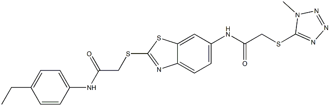 N-(2-{[2-(4-ethylanilino)-2-oxoethyl]sulfanyl}-1,3-benzothiazol-6-yl)-2-[(1-methyl-1H-tetraazol-5-yl)sulfanyl]acetamide Struktur