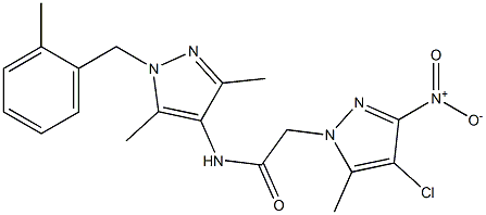 2-{4-chloro-3-nitro-5-methyl-1H-pyrazol-1-yl}-N-[3,5-dimethyl-1-(2-methylbenzyl)-1H-pyrazol-4-yl]acetamide Struktur