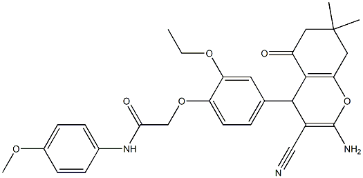 2-[4-(2-amino-3-cyano-7,7-dimethyl-5-oxo-5,6,7,8-tetrahydro-4H-chromen-4-yl)-2-ethoxyphenoxy]-N-(4-methoxyphenyl)acetamide Struktur