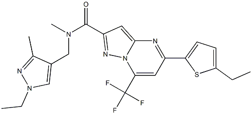 N-[(1-ethyl-3-methyl-1H-pyrazol-4-yl)methyl]-5-(5-ethyl-2-thienyl)-N-methyl-7-(trifluoromethyl)pyrazolo[1,5-a]pyrimidine-2-carboxamide Struktur