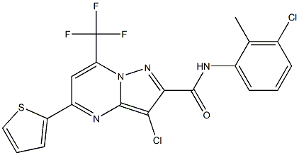 3-chloro-N-(3-chloro-2-methylphenyl)-5-(2-thienyl)-7-(trifluoromethyl)pyrazolo[1,5-a]pyrimidine-2-carboxamide Struktur