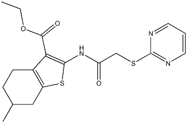 ethyl 6-methyl-2-{[(2-pyrimidinylsulfanyl)acetyl]amino}-4,5,6,7-tetrahydro-1-benzothiophene-3-carboxylate Struktur