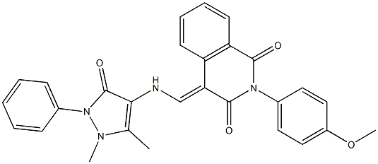 4-{[(1,5-dimethyl-3-oxo-2-phenyl-2,3-dihydro-1H-pyrazol-4-yl)amino]methylene}-2-(4-methoxyphenyl)-1,3(2H,4H)-isoquinolinedione Struktur