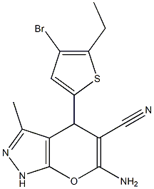 6-amino-4-(4-bromo-5-ethylthien-2-yl)-3-methyl-1,4-dihydropyrano[2,3-c]pyrazole-5-carbonitrile Struktur