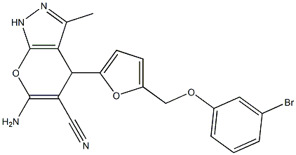 6-amino-4-{5-[(3-bromophenoxy)methyl]-2-furyl}-3-methyl-1,4-dihydropyrano[2,3-c]pyrazole-5-carbonitrile Struktur